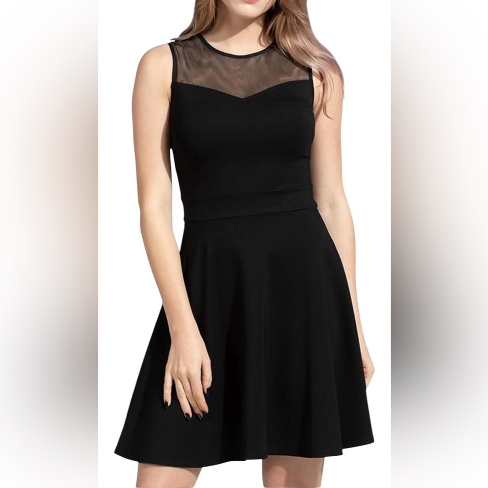 Line Mesh Fit & Flare Mini Black Skater Dress Women's Size S